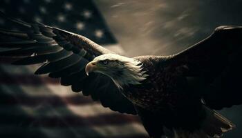 majestueux chauve Aigle en volant avec américain fierté généré par ai photo