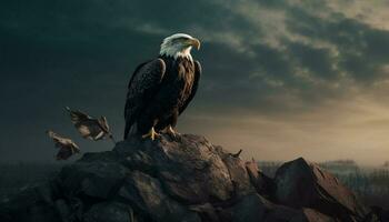 majestueux chauve Aigle se percher sur Montagne de pointe généré par ai photo