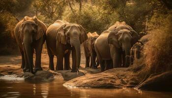 africain l'éléphant troupeau dans tranquille tropical le coucher du soleil généré par ai photo