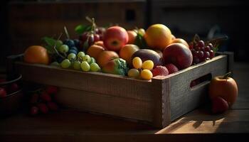 abondance de frais, biologique fruit dans rustique Caisse généré par ai photo