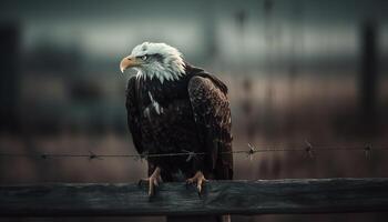 majestueux chauve Aigle se percher sur branche en plein air généré par ai photo