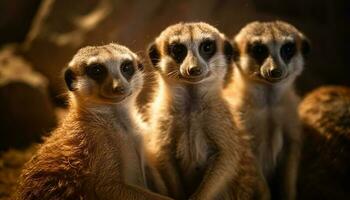 petit mignonne suricate permanent dans une rangée regarder généré par ai photo