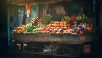 Frais des fruits et des légumes vendu à marché vendeur généré par ai photo