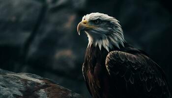 majestueux chauve Aigle se percher, œil concentré violemment généré par ai photo