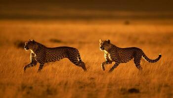 majestueux guépard en marchant dans africain région sauvage à crépuscule généré par ai photo