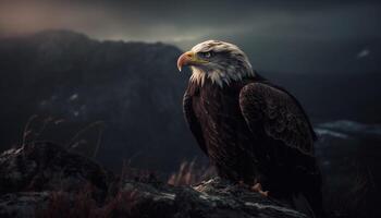 majestueux chauve Aigle planant plus de neigeux montagnes généré par ai photo