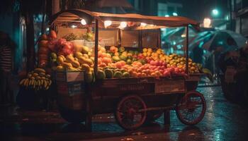 Frais des fruits et légumes vendu à nuit marché généré par ai photo