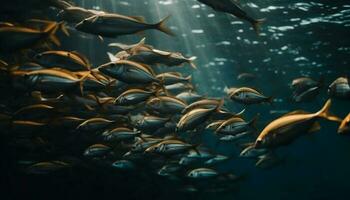 école de poisson nager dans tropical récif généré par ai photo