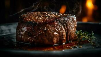 juteux grillé steak, prêt à manger sur rustique assiette généré par ai photo