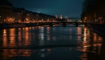 illuminé architecture reflète sur l'eau à crépuscule généré par ai photo