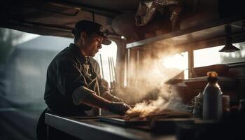 un qualifié homme fabrication métal équipement à l'intérieur généré par ai photo