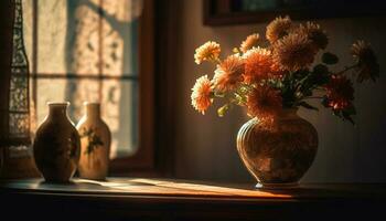 Frais bouquet dans rustique vase sur en bois table généré par ai photo
