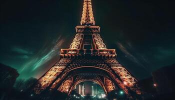 majestueux Eiffel la tour illumine Paris à crépuscule généré par ai photo