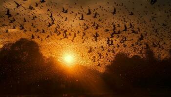 silhouette de animaux en volant milieu air à le coucher du soleil généré par ai photo