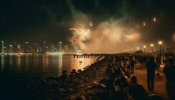 ville horizon illuminé par coloré feux d'artifice afficher généré par ai photo