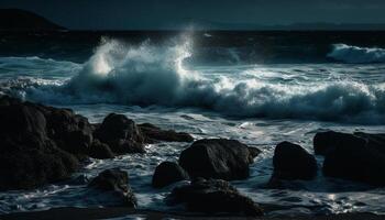 rupture vagues crash sur rocheux littoral, éclabousser vaporisateur généré par ai photo