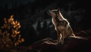 Jeune Loup séance dans hiver forêt nuit généré par ai photo