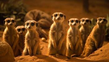 petit suricate groupe séance, en alerte en train de regarder en plein air généré par ai photo