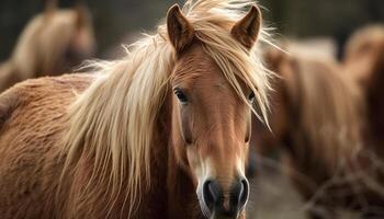 de race cheval pâturage dans Prairie à le coucher du soleil généré par ai photo