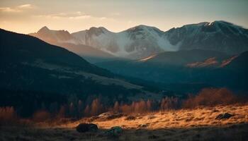 majestueux Montagne culminer, tranquille prairie, serein lever du soleil généré par ai photo