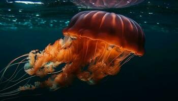 transparent cnidaire lévite dans embrasé bleu l'eau généré par ai photo