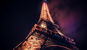 Eiffel la tour illumine Parisien nuit horizon majestueusement généré par ai photo