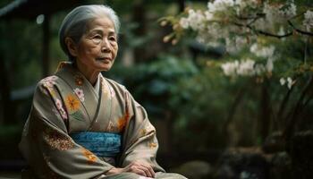 souriant les personnes âgées dans traditionnel yukata prendre plaisir la nature généré par ai photo