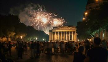 feux d'artifice éclairer célèbre monument, foule fête Quatrième généré par ai photo