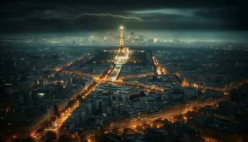 illuminé paysage urbain à crépuscule, la pollution et circulation généré par ai photo