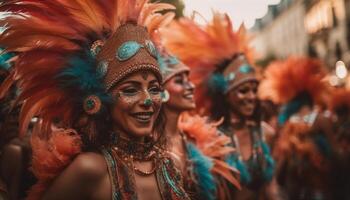 souriant Jeune femmes samba dansant dans parade généré par ai photo