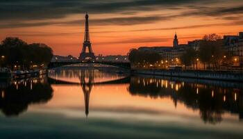 le coucher du soleil silhouette de célèbre pont et grattes ciels généré par ai photo