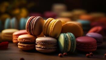 multi coloré macarons empilés sur rustique bois table généré par ai photo