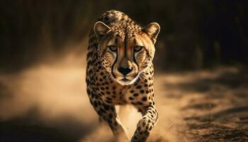 majestueux guépard en marchant dans africain région sauvage zone généré par ai photo