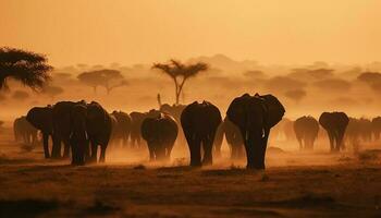 africain l'éléphant troupeau pâturage à lever du soleil sur savane généré par ai photo