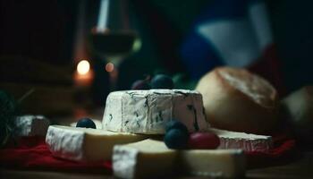 français gourmet repas Camembert, vin, pain, et les raisins généré par ai photo