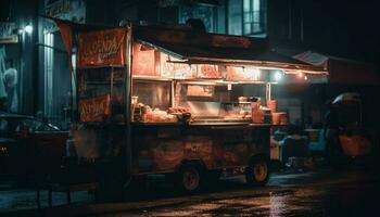 grillé porc vendu par nuit marché vendeur généré par ai photo