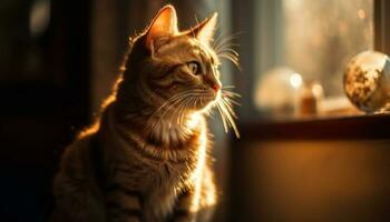 duveteux chaton regarder en dehors fenêtre dans lumière du soleil généré par ai photo