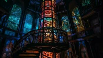 illuminé gothique Basilique avec coloré verre les fenêtres généré par ai photo