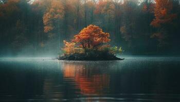vibrant l'automne forêt, tranquille étang, humide herbe généré par ai photo