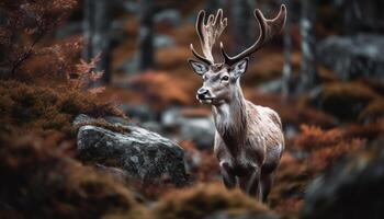 cornu cerf des stands dans tranquille hiver Prairie généré par ai photo