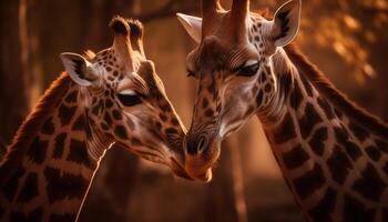 girafe famille embrasser dans le africain savane généré par ai photo