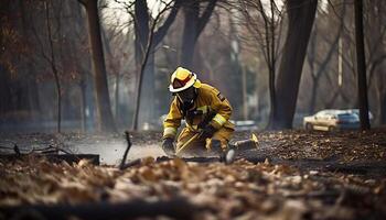 Hommes dans protecteur vêtements de travail extincteur forêt enfer généré par ai photo