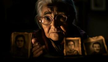 vieux femme en train de lire Bible, souvenirs de jeunesse généré par ai photo