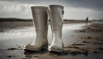 caoutchouc bottes en marchant sur humide le sable en plein air généré par ai photo