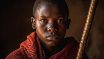 Jeune africain garçon sérieux concentration dans studio généré par ai photo