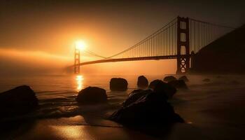 suspension pont silhouette reflète or le coucher du soleil beauté généré par ai photo