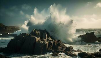 rugueux vagues crash sur rocheux littoral à le coucher du soleil généré par ai photo