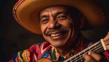 un homme, souriant, en jouant acoustique guitare en plein air généré par ai photo