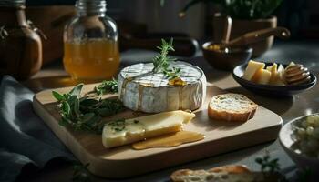 rustique français repas Camembert, Brie, pain, vin, rafraîchissement généré par ai photo