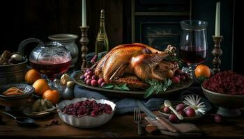 rustique encore la vie rôti Turquie, Frais légumes, du vin généré par ai photo